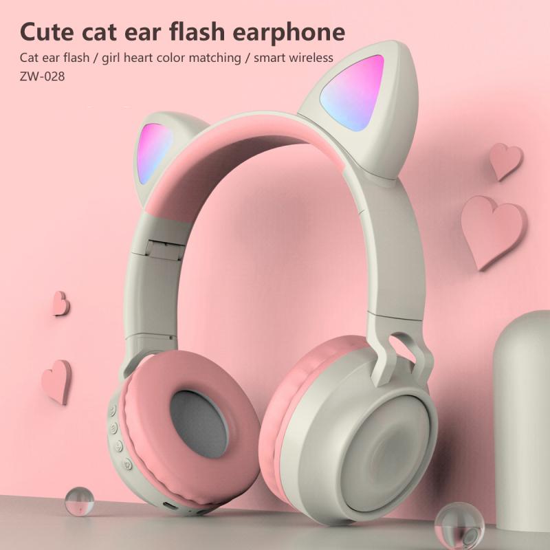 Bluetooth 5.0 Headphones LED Noise Cancelling Girls Kids Cute Headset Jack 3.5mm With Microphone Wireless Headphones