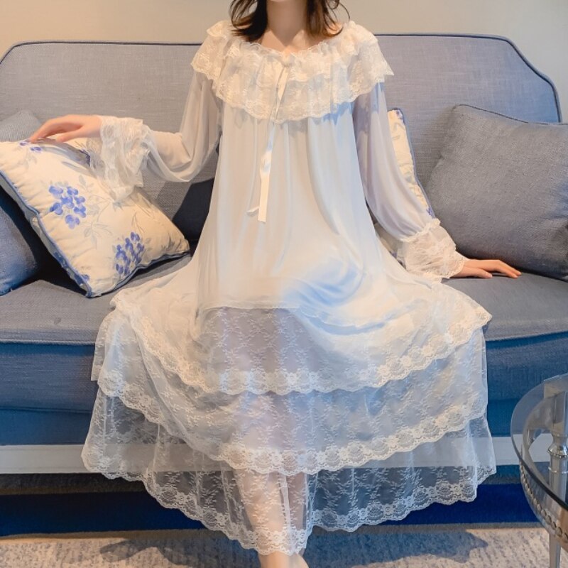 Vrouwen Lolita Night Jurk Prinses Nachtkleding Multilayer Kant Mesh Romantische Vintage Victoriaanse Nightgowns Nachthemd Lounge Wear