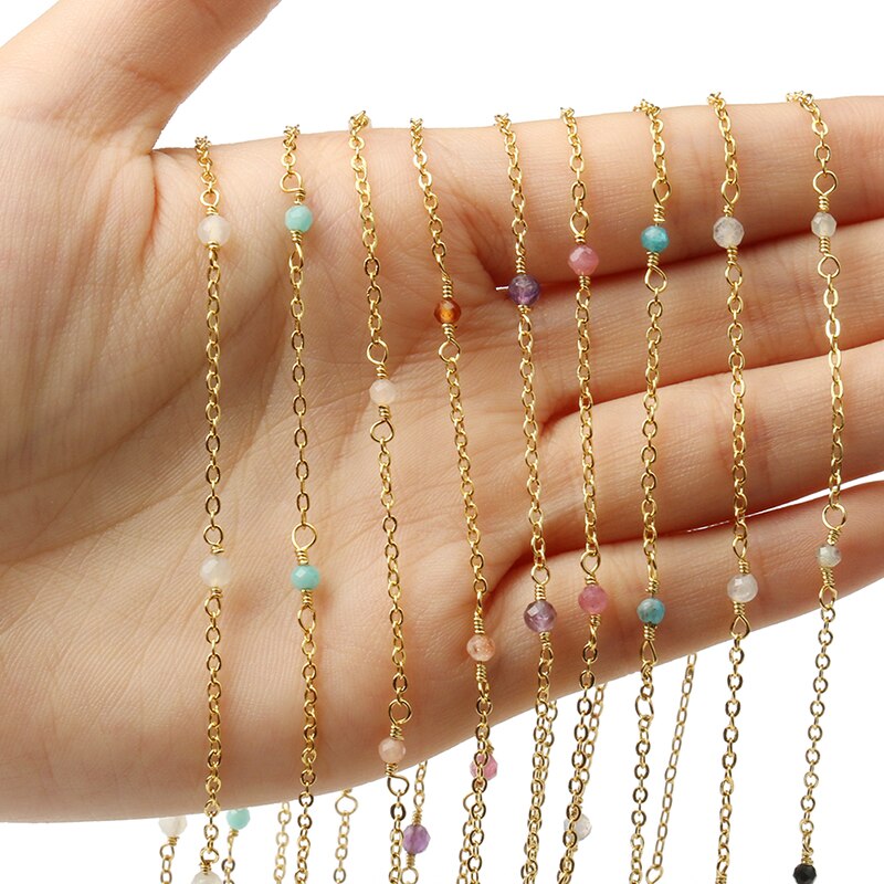 Gold Plated Stainless Steel Wire Wrapped Rosary Chain Stone Bead Chains for Jewelry Making DIY Bracelet Findings 1m/lot