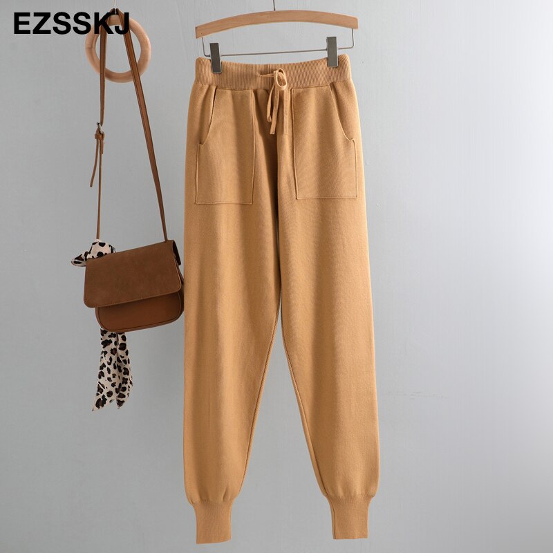 Pantalon sarouel de sport avec élastique à la taille pour femme, vêtements avec cordon de serrage, en tricot épais, automne et hiver: yellowkhaki