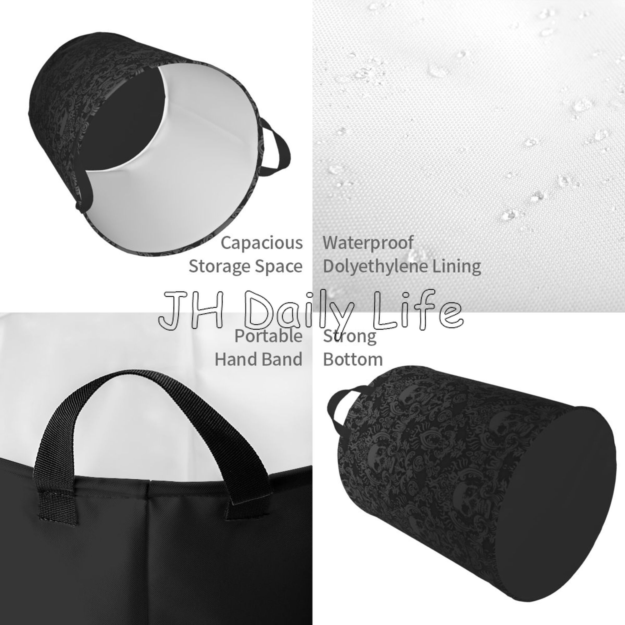Waterproof Goth Gothic Black Skull Damask Circular Hamper Round Laundry Baskets Foldable Laundry Bags for Bathroom Bedroom Dorm