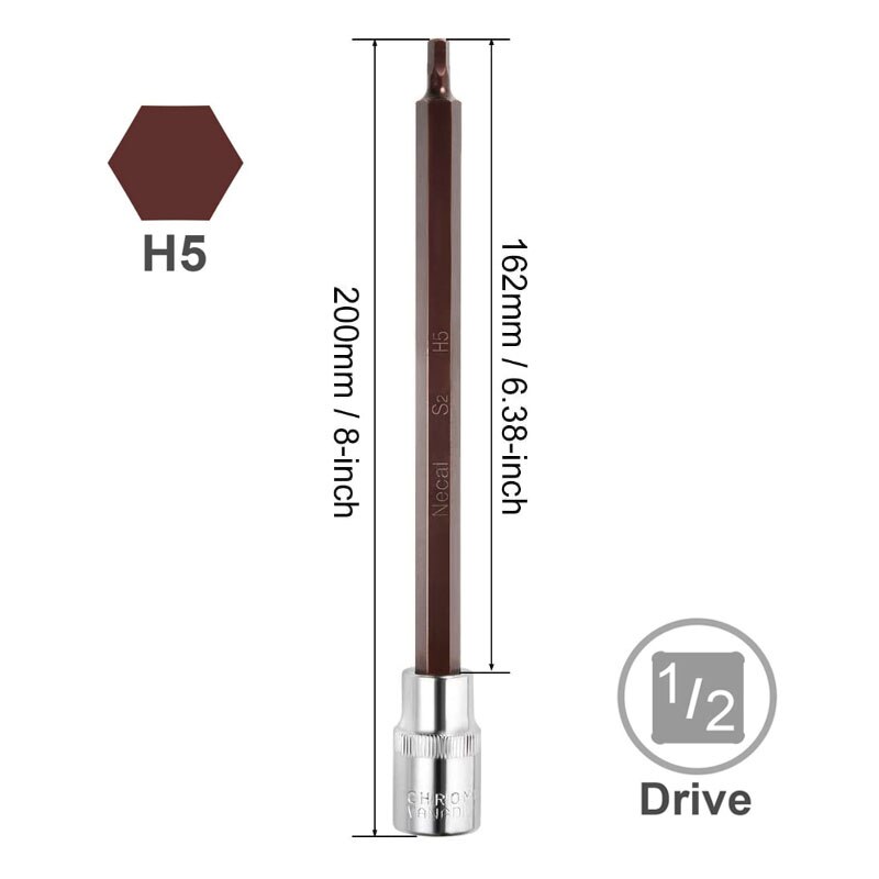 1/2" Drive x 4mm 5mm 6mm 8mm 10mm 12mm 14mm Hex Bit Socket, 200mm Long Metric, S2 &amp; Cr-V Steel: 200LxH5