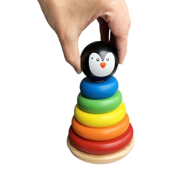 Pinguïn Houten Kleurrijke Regenboog Stapelen Ringen, massief Houten Baby Speelgoed Voor Peuter Jongens En Meisjes Leeftijd 1 Jaar En Up