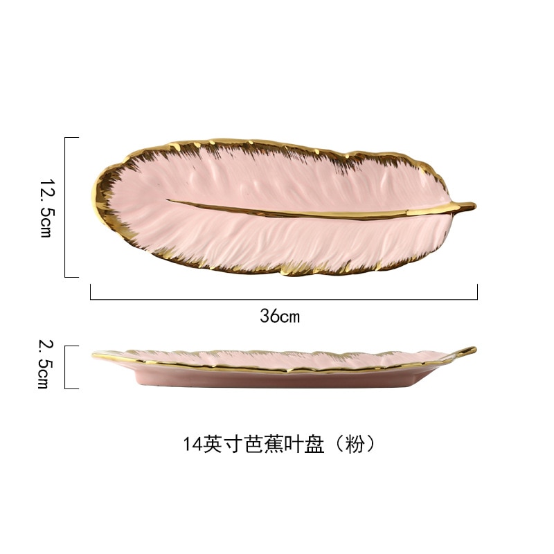 Luxus Keramik Teller Ablage mit Glod Rand Grün Blatt Glod Feder Schmuck machen-hoch Pinsel Lagerung Dekorative Sushi Platte: Rosa - 14 Zoll