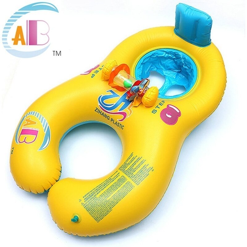 Inflatable Baby Swimming Ring Mommy Baby Parent-Child Double Person Float Seat Swimming Boat with Removeable Sun Canopy: Yellow no sunshade