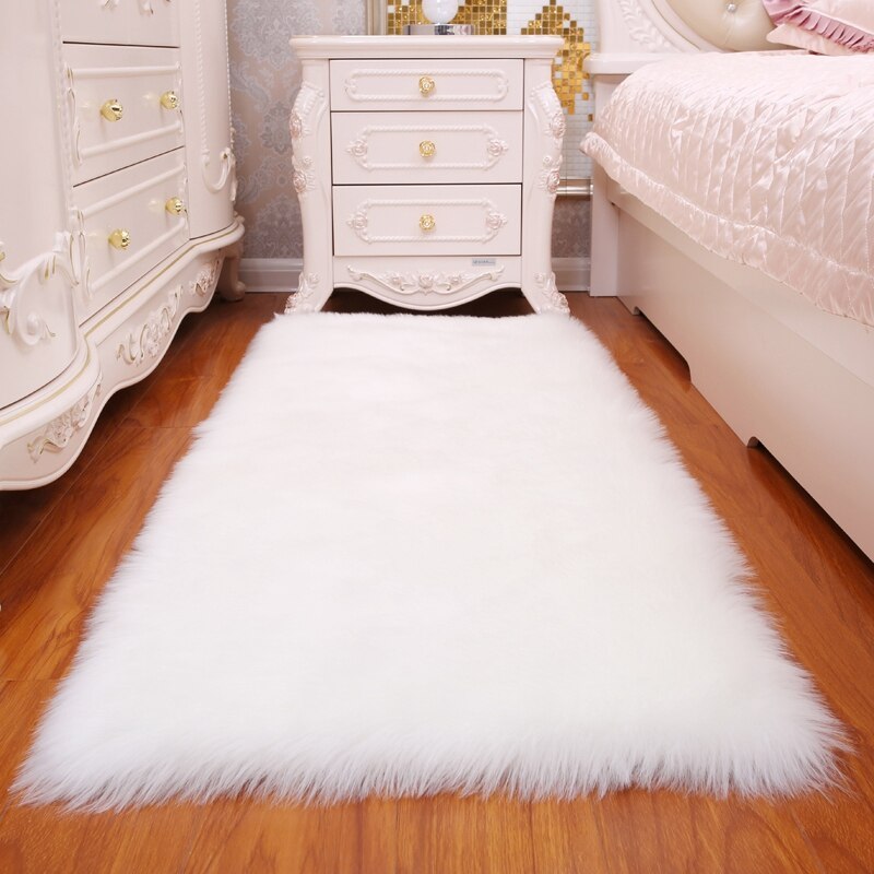 Faux Fur Tapijt Tapijt Voor Woonkamer Pluche Lange Haar Floor Mat Antislip Nachtkastje Tapijten Slaapkamer Thuis Gebied kleed Effen Kleur: L 60x120cm / White