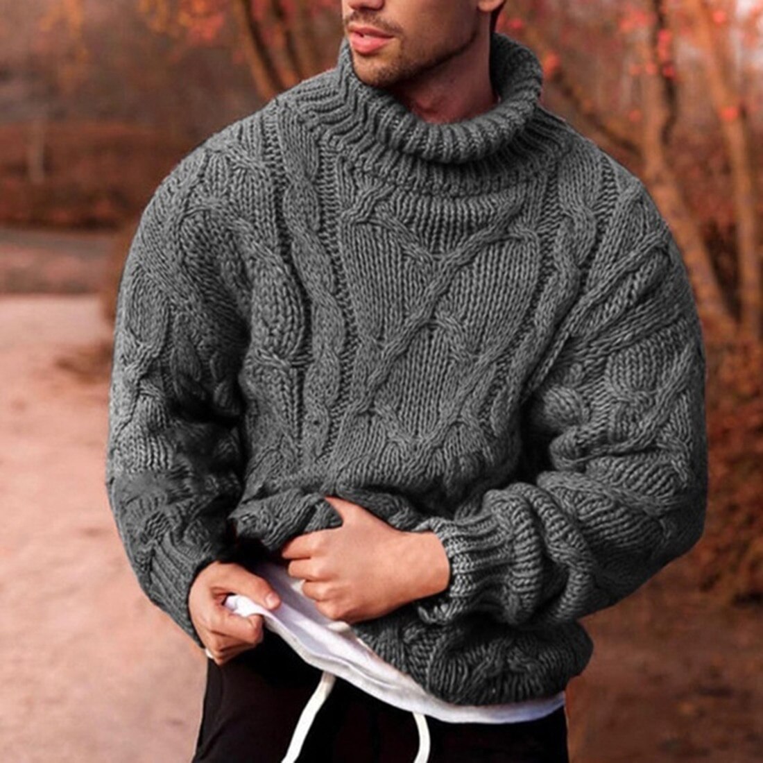 Pull à col roulé pour homme, pull chaud, épais, couleur unie, manches longues, tricot torsadé, décontracté, automne hiver