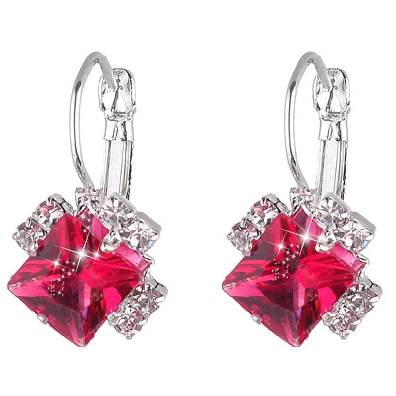 Silver Color Square Earrings Purple Red Blue Black Austrian Crystal Rhinestone Earring For Women Wedding Jewelry: RD