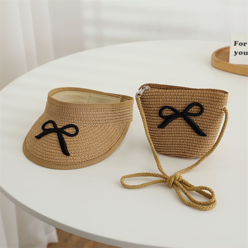 Chapéu de palha e bolsa de ombro verão para meninas, chapéu de sol superior vazio infantil, aba grande, bowknot, viseira de praia ao ar livre, boné de sol para bebê: Rosa