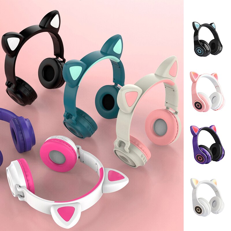 Cute Cat Ear Headphones Wireless Bluetooth 5.0 Adults Kids Girls Glowing LED Headset Support TF Card With Mic for