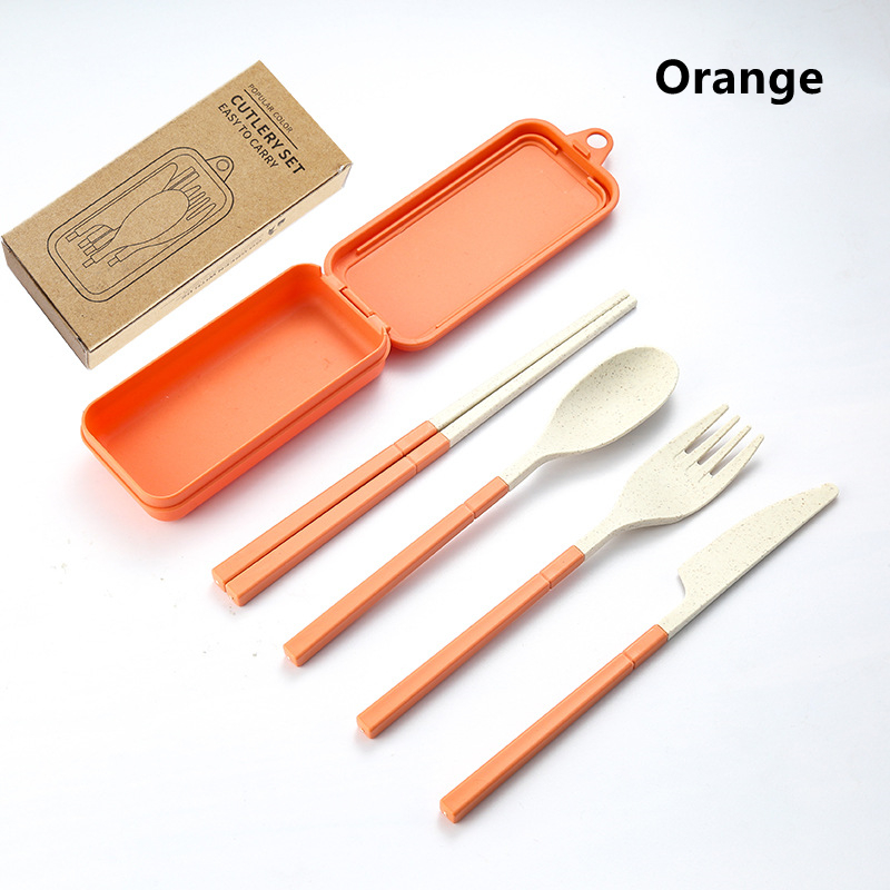 4PCS Wheat Straw Dinnerware Set Portable Tableware Knife Fork Spoon Chopsticks Set Travel Cutlery Set Eco-Friendly Utensil Box: Orange