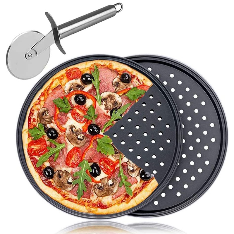 ! 2 Stuks Pizza Pan Met Gaten, geperforeerde Pizza Scherper Lade Non-stick Ronde Pizza Steen Bakken Set Met Cutter Wiel