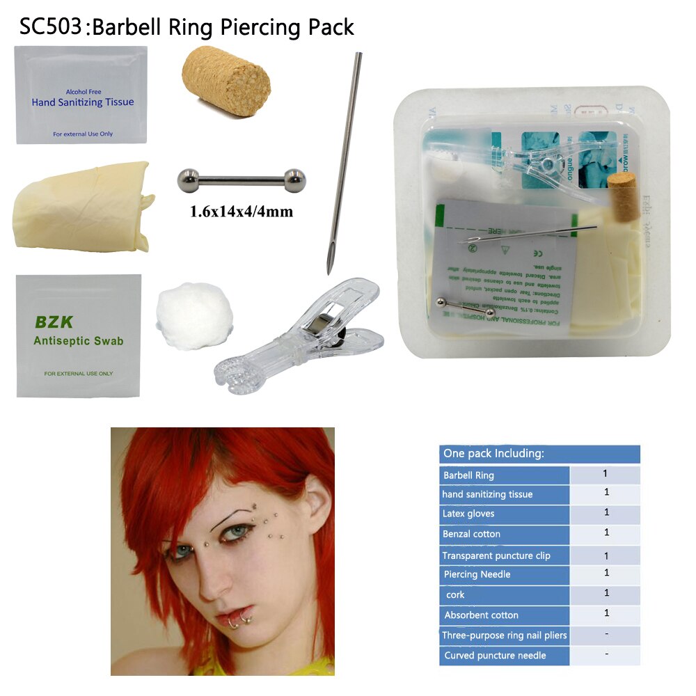 Kit de perçage de corps jetable Kit de perçage stérile médical pour oreille nez mamelon ventre nombril Septum Piercing outil Machine Kit: SC503 Barbell