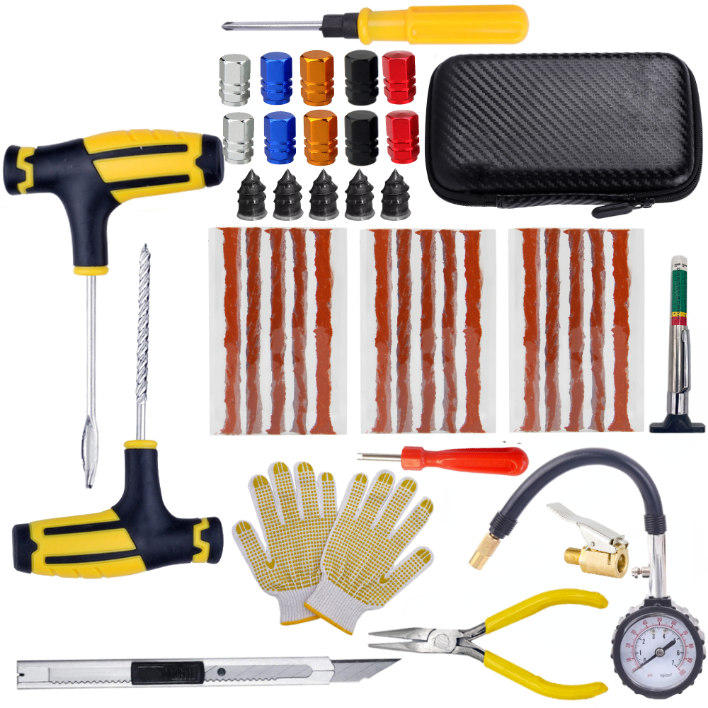 Kit de reparación de neumáticos de coche, herramientas de enchufe de punción, emergencia de punción de neumáticos para tiras de neumáticos, Kit de herramientas de reparación de pegamento agitador, accesorios para coche: Rojo