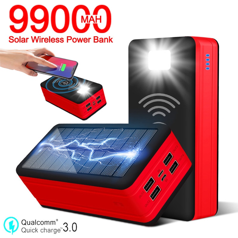99000mAh Solar Wireless Power Bank Large Capacity Portable Charger LED Waterproof Outdoor Poverbank for Iphone Xiaomi Samsung