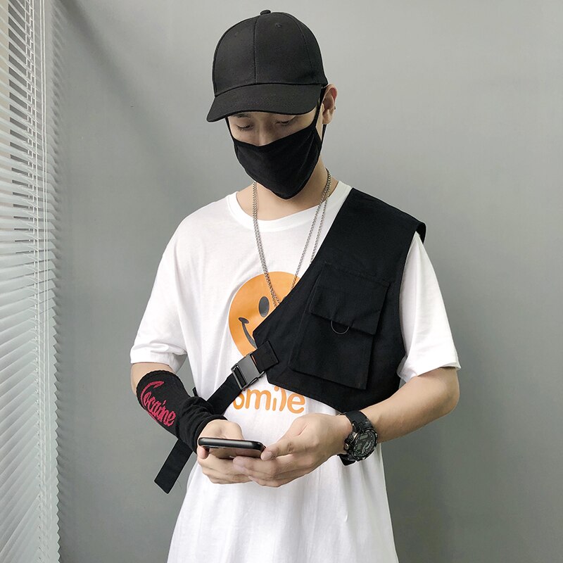 Style coréen personnalité hommes hip hop cargo gilet asymétrique homme vintage streetwear gilet sans manches veste