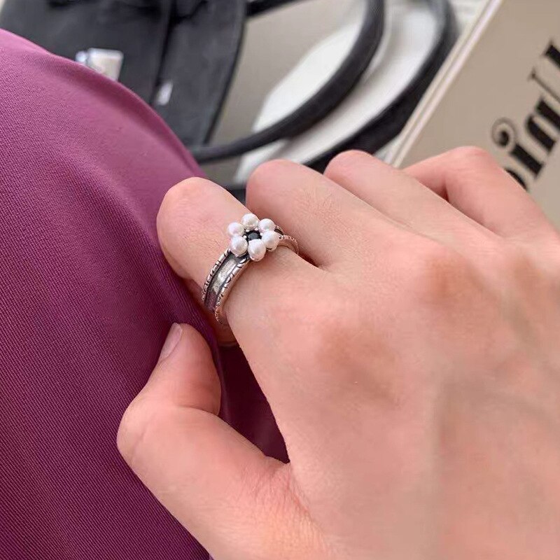 AOMU 1PC Women Vintage Drip Glaze Metal Imitation Pearl Flower Open Rings for Women Party Wedding Jewelry