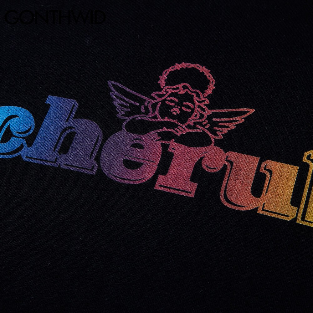 Gonthwid Hip Hop Streetwear T-shirts Harajuku Regenboog Cherub Angel Print Korte Mouw Tees Shirts Mens Casual Tops