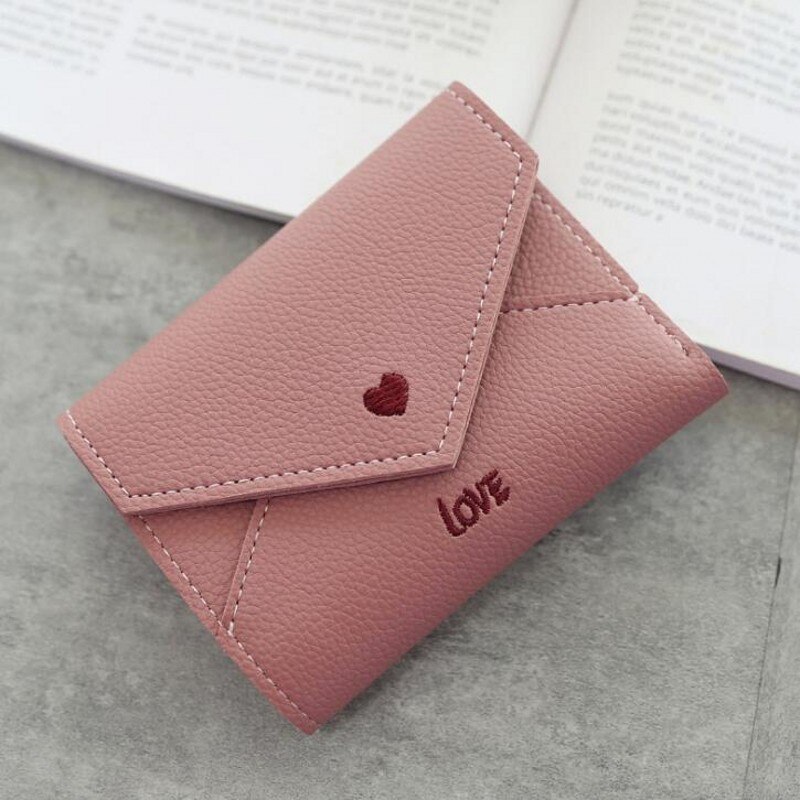 Nuove Donne Portafogli Della Borsa Mini Raccoglitore Del Cuore di Amore-a forma di Linea Del Ricamo Del Modello di Lychee Del Raccoglitore Multifunzionale 3 Fold Piccolo Portafoglio: Deep pink