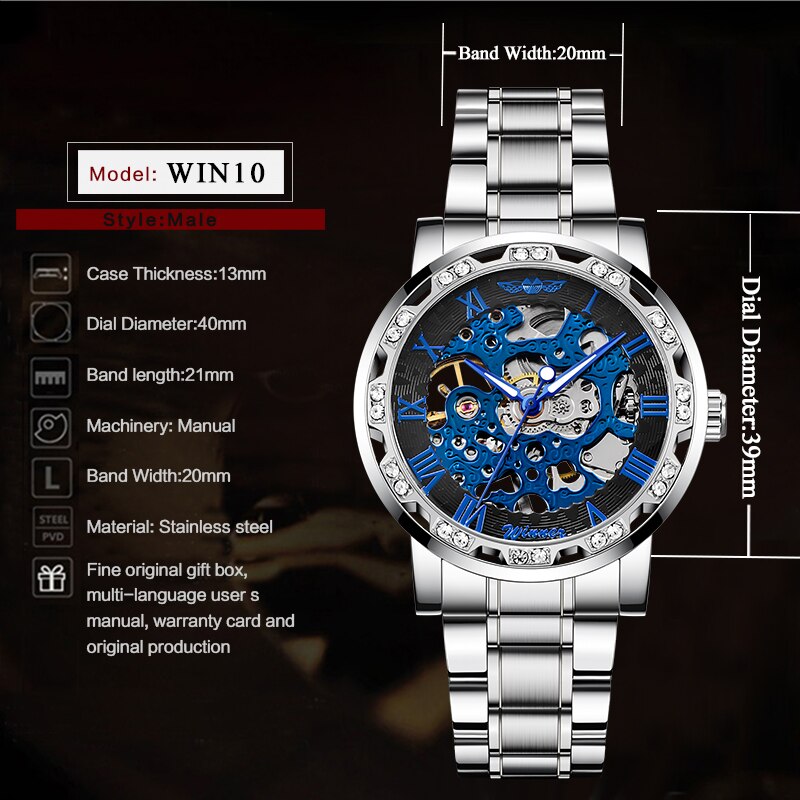 Winnaar Transparant Mode Diamant Display Lichtgevende Handen Versnelling Beweging Retro Mannen Mechanisch Skeleton Horloges