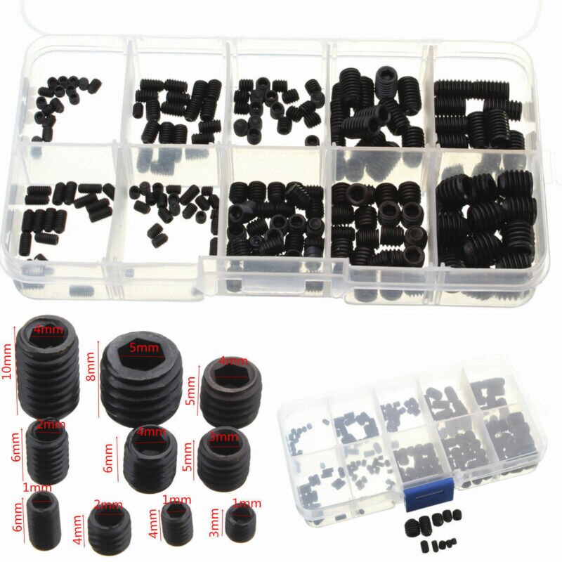 200pcs Black Allen Head Socket Hex Set Grub Screw Cup Point Assortment Kit + Box