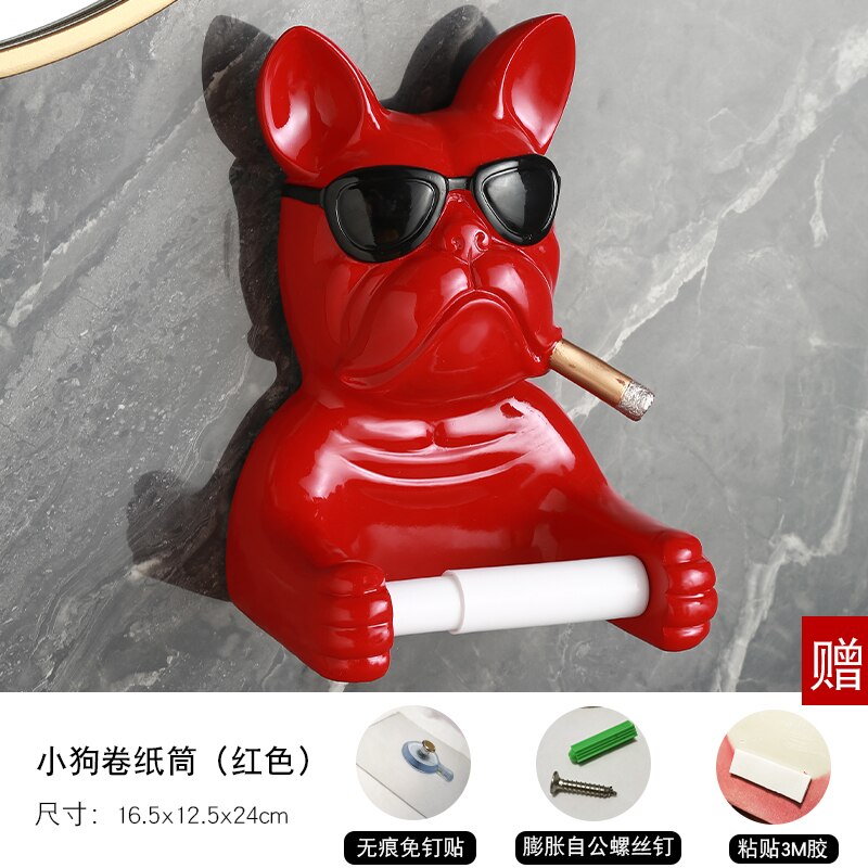 Luxury Resin French Bulldog Paper Tissue Holder Toilet Animal Sculpture Shelf Bathroom Tissue Holder Free Perforated Wall Mount: C