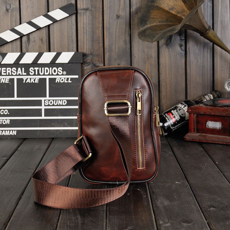 Heren pu leren borstfietstas, schoudertas, kleine dagrugzak, portemonnee (koffie)