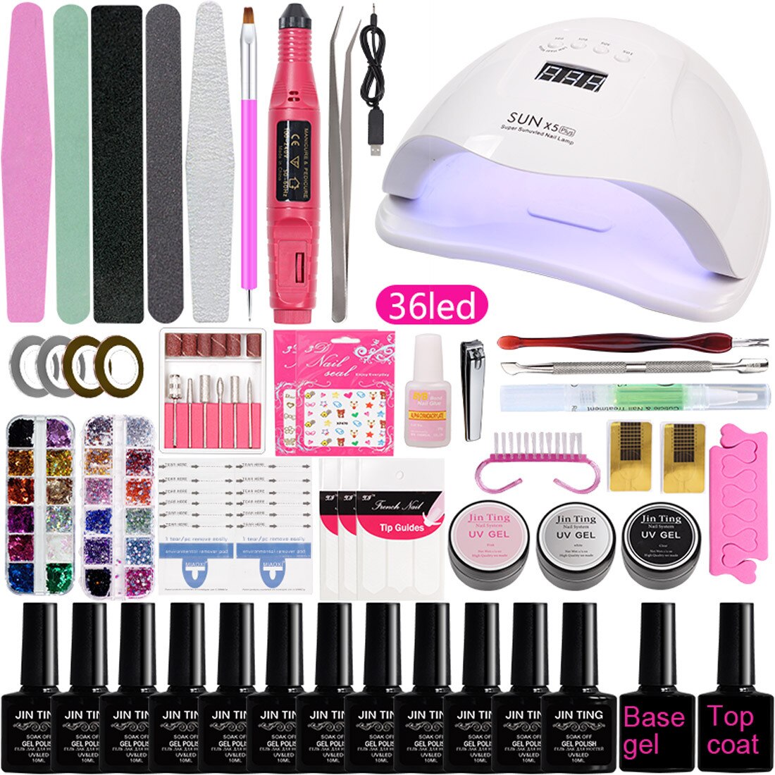 Nouvelle perceuse à ongles électrique sèche-lampe à LED UV avec 12 pièces Kit de vernis à ongles Gel tremper ensemble d'outils de manucure: B3B