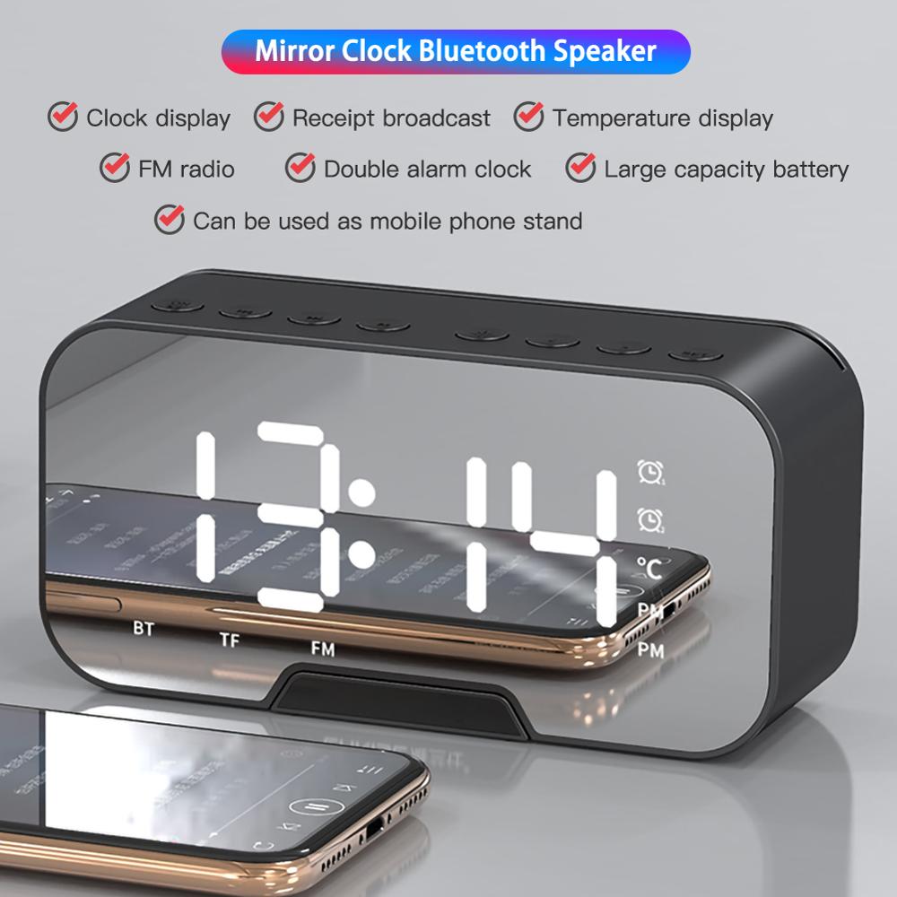 Led väckarklocka med fm radio trådlös bluetooth högtalare spegel display stöd subwoofer musik snooze bordsklocka: Svart