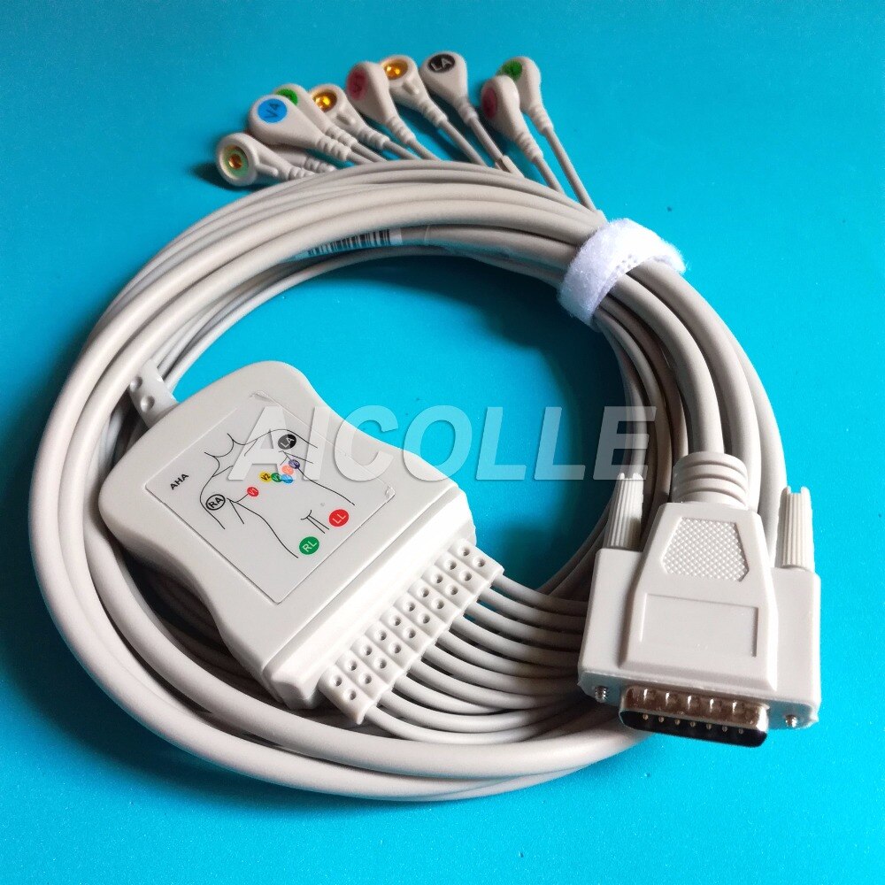 Eletrocardiograma Nihon Kohden 9130K 9110 EKG cable 10 lead ecg cable 15 pin connector snap leads on terminal