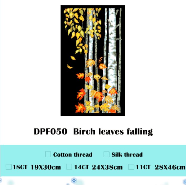 Birch leaves falling cross stitch kit forest tree 18ct 14ct 11ct black fabric cotton thread embroidery DIY handmade needlework: Cotton thread / 18ct black canvas