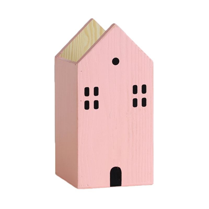 1 Pc maison forme en bois crayon porte-stylo organiseur de bureau conteneur brosse Pot papeterie école bureau fournitures: Pink L