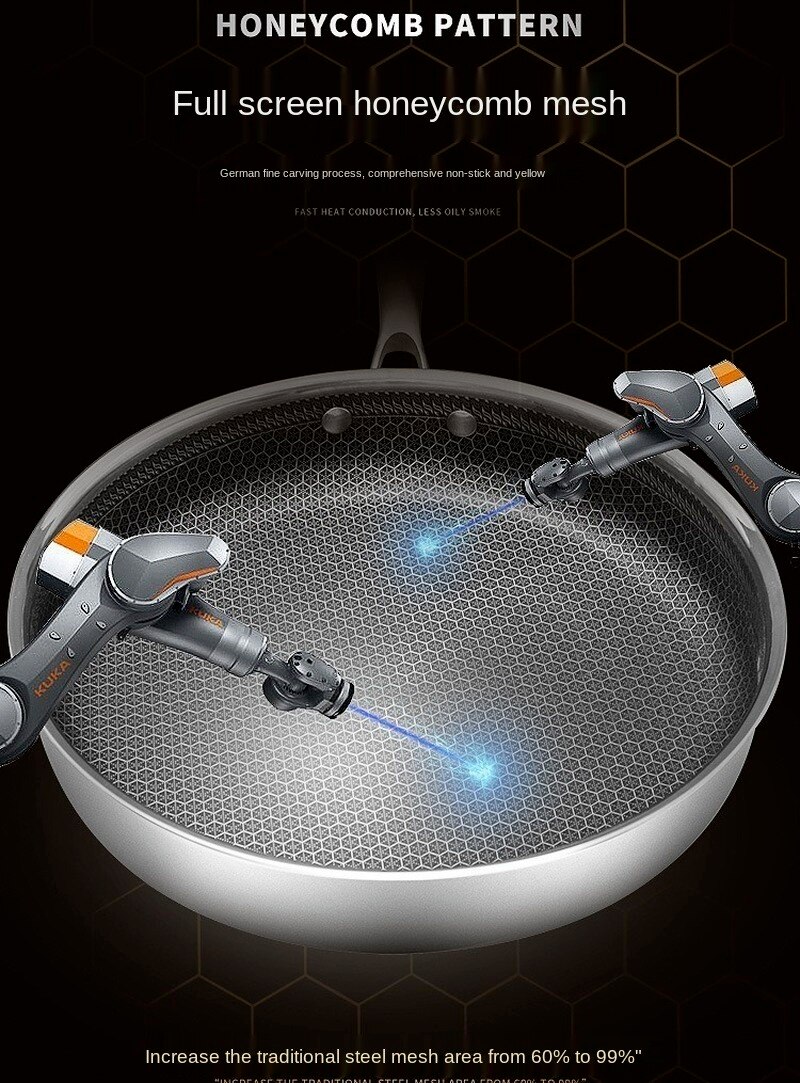 304 Stainless Steel Wok Non-stick Pan Double-sided Honeycomb Without Oil Smoke Frying Pan Wok Without Phosphorus Kitchen Pan