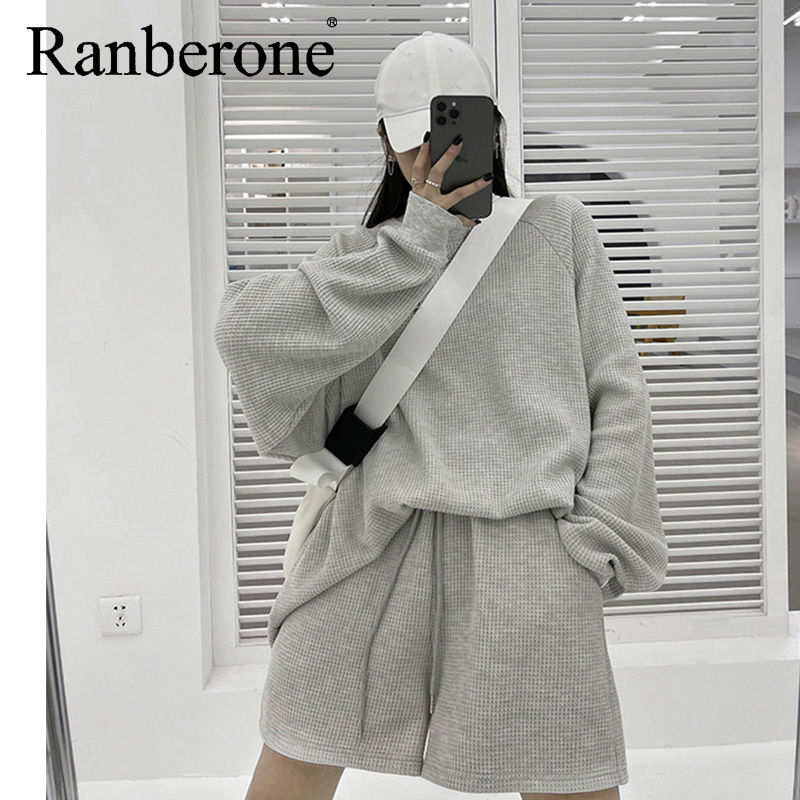 Ranberone Women Tracksuits Hip Hop Casual Two Piece Sport Suits Pullover Sweater Loose Shorts Women Streetwear Outfits Solid Set