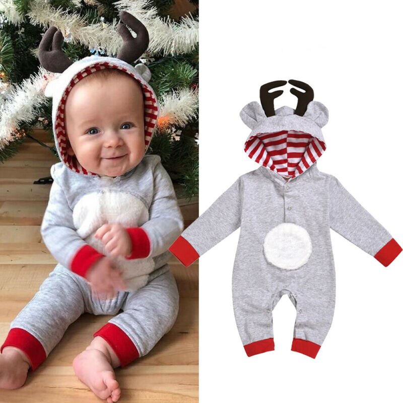 Kerst Xmas Baby Baby Meisje Jongen Unisex Rompertjes 0-18M Lange Mouwen Antlers Cartoon Katoenen Hooded Overall Kleding set