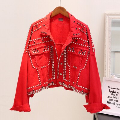 Jacke Frauen Herbst Hand Niet besetzt Denim Jacke verlieren Outwear Weibliche Neue Studenten Beiläufige Kurze Jeans Mäntel: rot