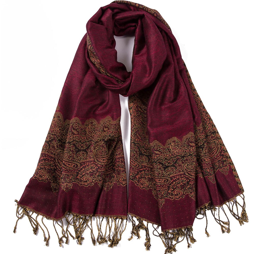 Paisley pashmina silke bomuld blandet luksus tørklæde sjal cap stjal jacquard hoved tørklæder kvast lang stor tynd klassisk: Vin