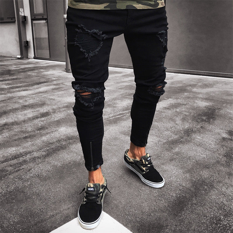 Herre cool mærke sorte jeans skinny flået ødelagt stretch slim fit hop hop bukser med huller til mænd: S