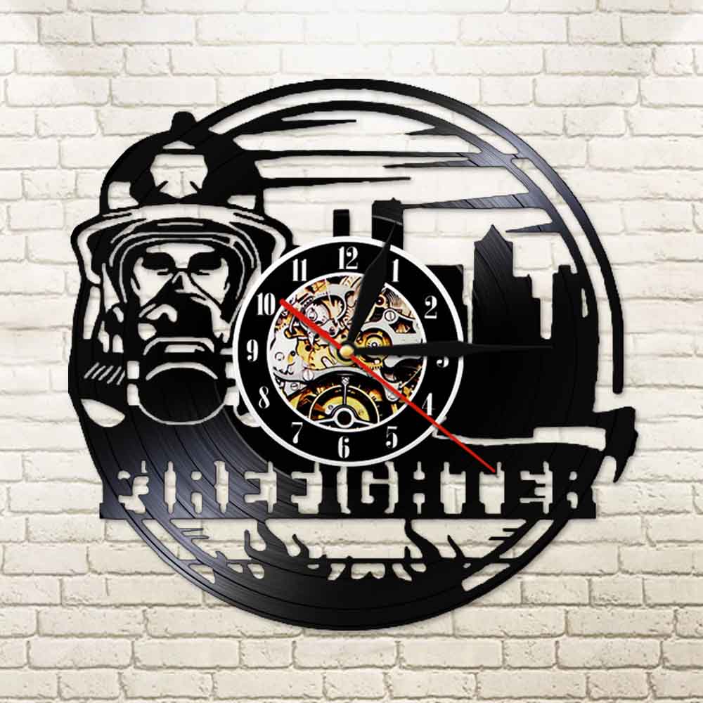 Horloge murale en vinyle représentant un casque de pompier, décoration vintage pour le bureau des pompiers, montre silencieuse pour les pompiers