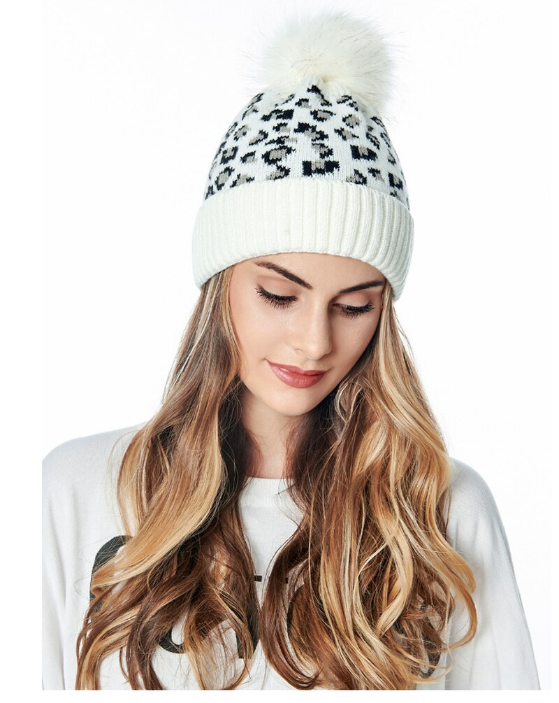 Herfst winter luipaard print wol gebreide muts warme oversized haarbal dikke warme muts pompon