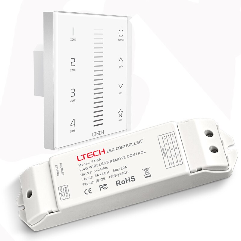 led Dimmer 4 zones Touch Panel Wall Mount Dimming 2.4GHz&DMX AC100-240V Dimmer with F4-5A F4-CC receiver and RF remote