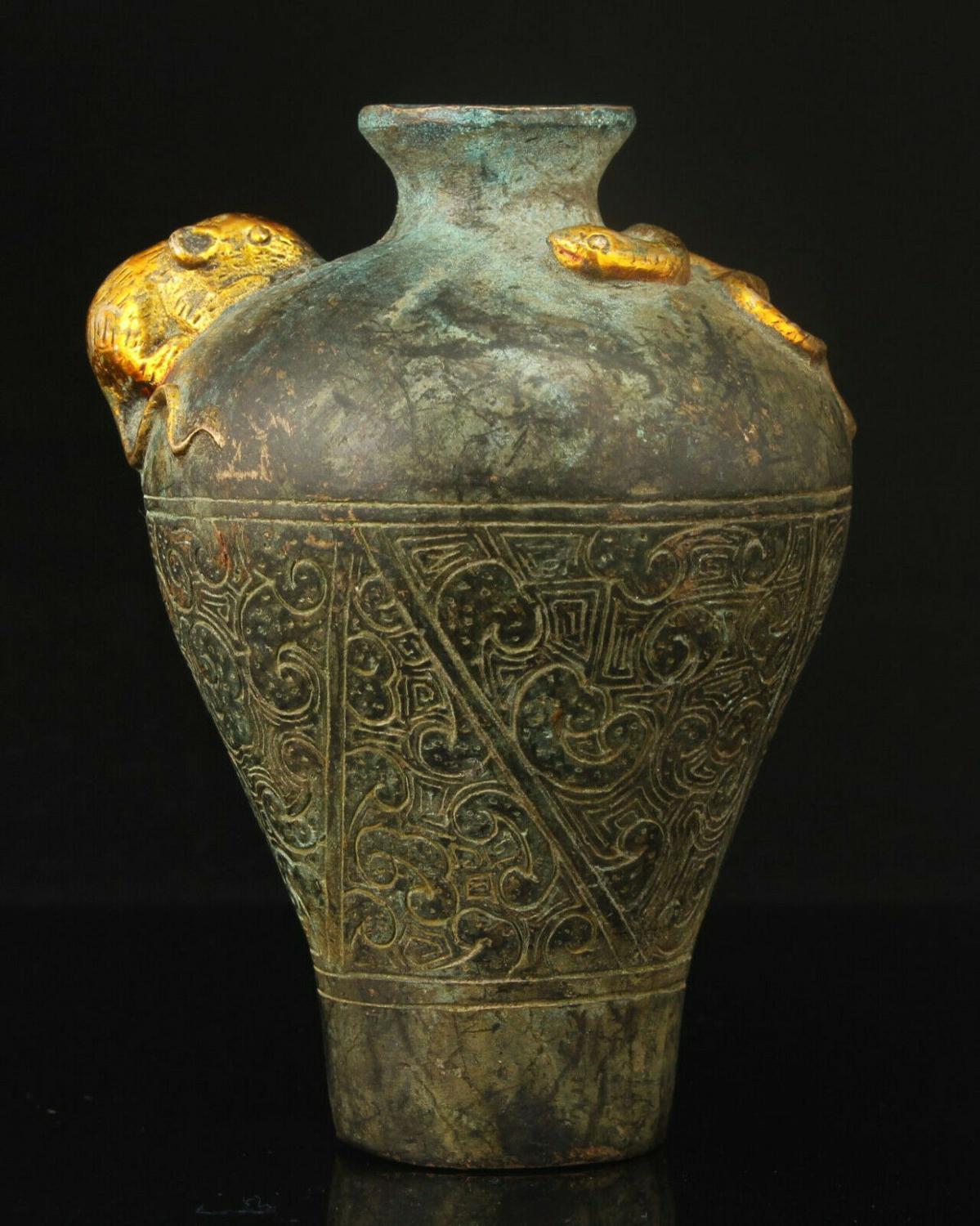 Kina håndværk prægning retro bronze forgyldt slange rotte vase boligdekoration