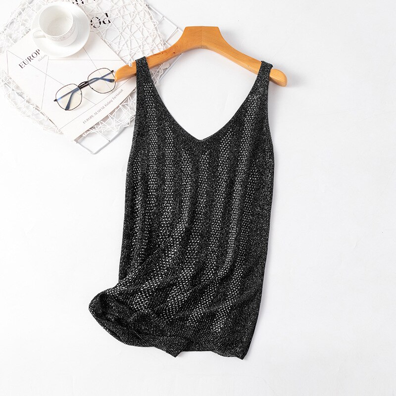 Bling Lurex diamond – débardeur tricoté sans manches pour femme, Camisole ample, couleur unie, blanc, noir, été,: Black