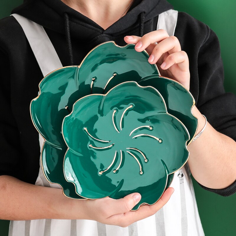 Green Ceramic Tableware Salad Bowl with Gold Edge Flower Shape Plate Chinaware Dim Sum Dishes Steak Western Food Flavor