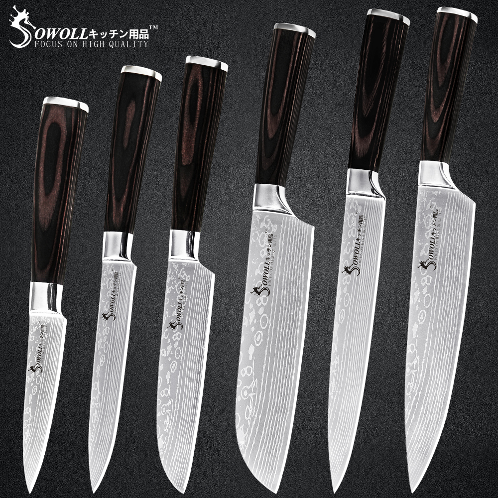 Sowoll Stainless Steel Cooking Knife Damascus Pattern Blade Chef Slicing Santoku Utility Paring Knife Camping Cooking Tools