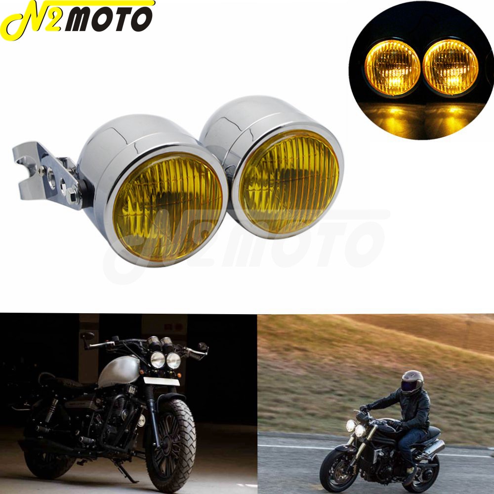 Chrome Amber Motorcycle Retro Twin Headlight Holder Fork Double Dual Head Lamp For Harley Dyna Bobber Chopper Cafe Racer Custom