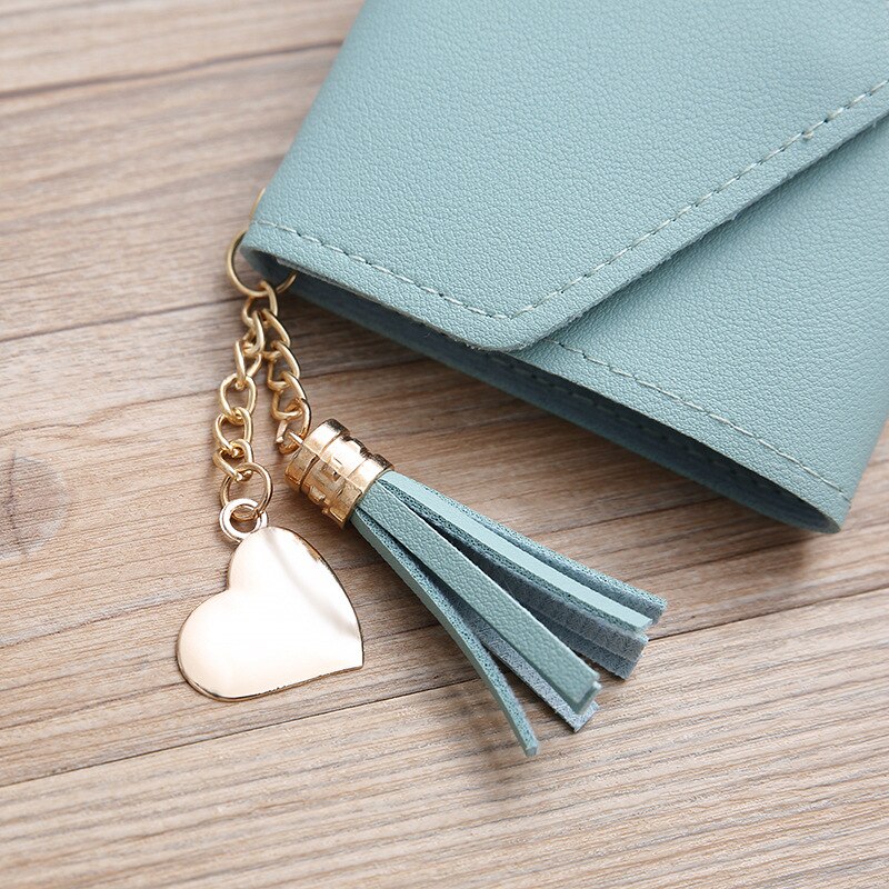 Women Wallet Cute Student Tassel Heart Pendant Short Wallet Small PU Wallet Coin Purse Ladies Card Bag For Women