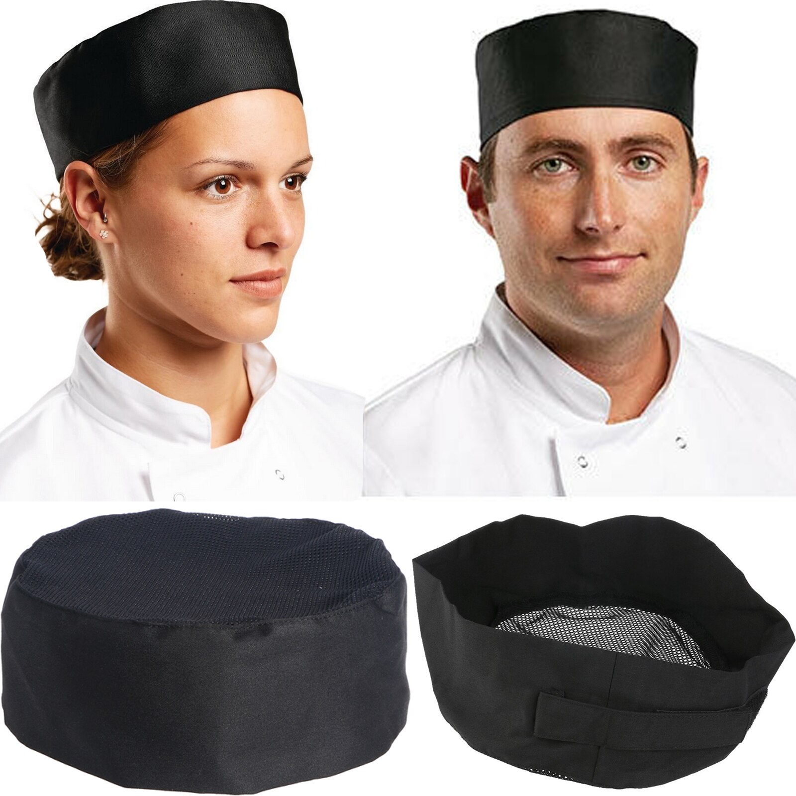 Åndbar mesh top kasket catering kokke hat med justerbar rem sort køkkenredskab top kokke hat