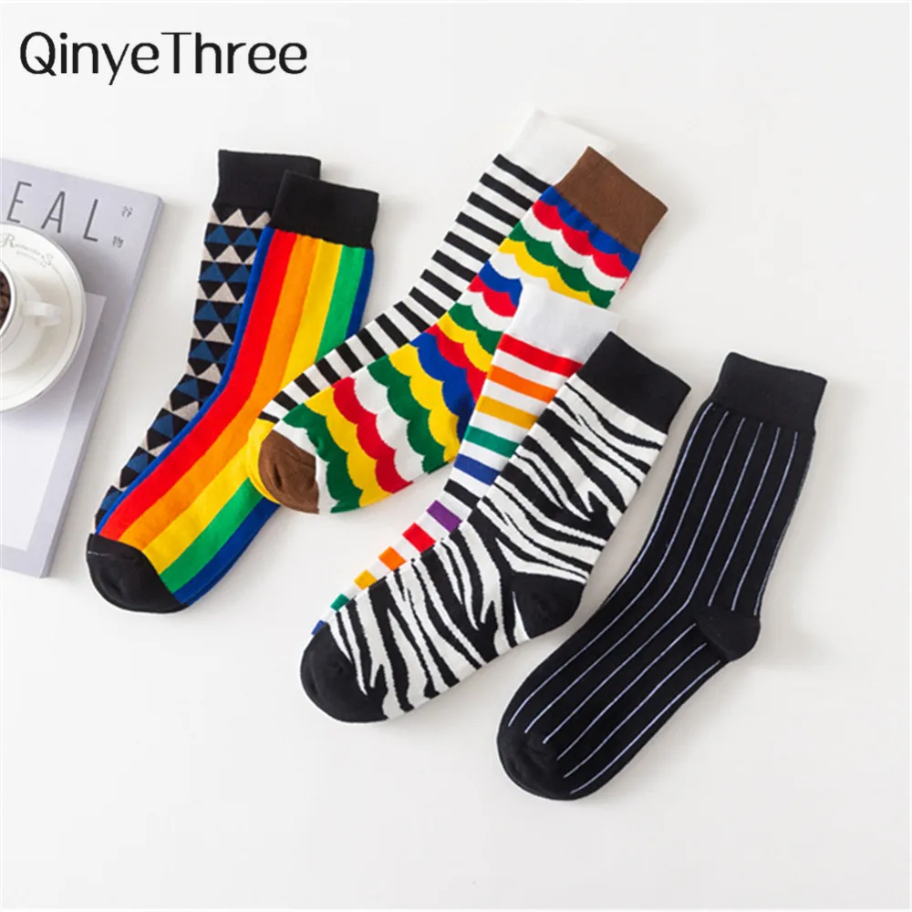 Calcetines de colores con estampado de arcoíris para hombre, medias con estampado de arte divertido y feliz, conjunto de de invierno, estilo informal y de negocios,
