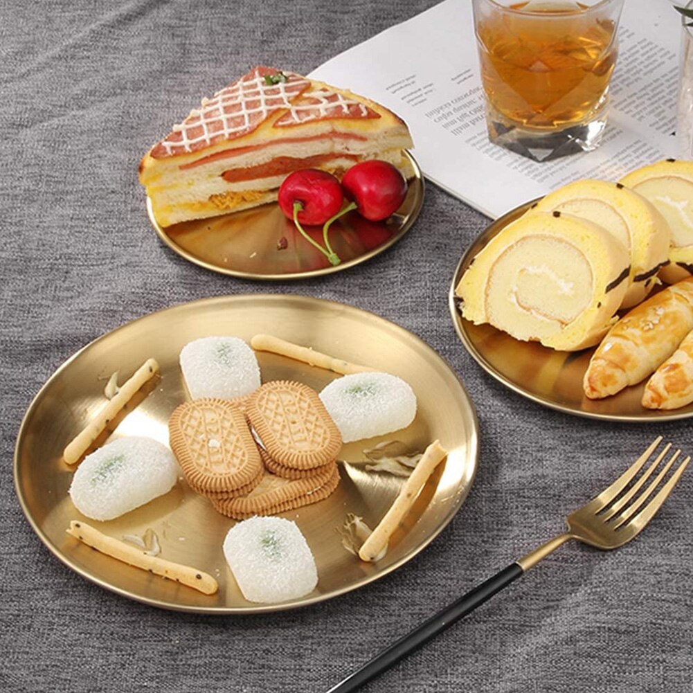 Assiette à manger en acier inoxydable, plats dorés plateau rond gâteau plateau de maquillage Steak occidental articles de table Style européen outils de cuisine